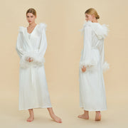 Floor Length Feather Trim Kimono Robe